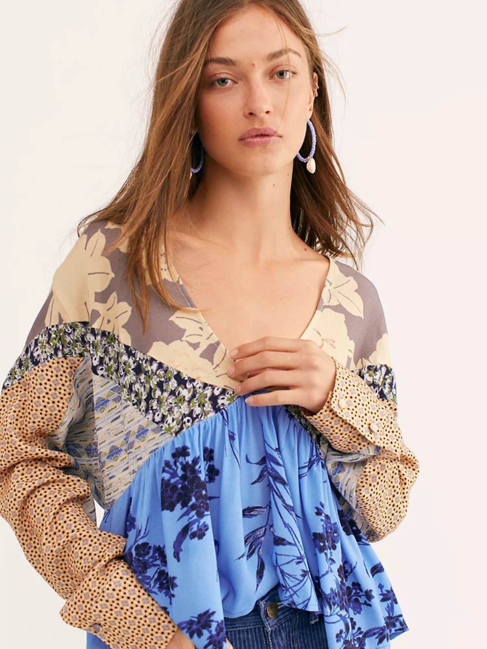 Free People Blue and Beige Floral Patchwork V-Neck Blouse